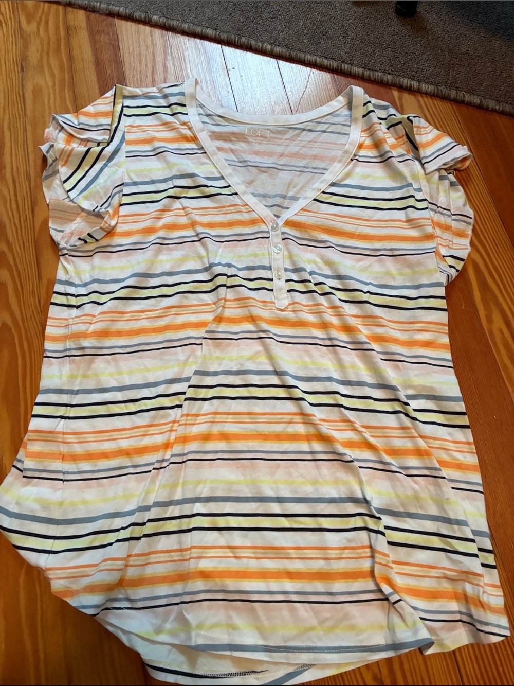 LOFT White Short-Sleeve Striped V-Neck Top with Orange, Navy & Yellow
